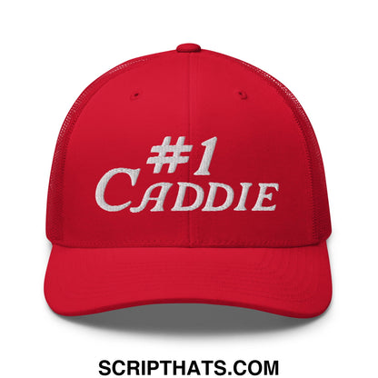 Red mesh trucker hat with white embroidered hashtag number 1 caddie text for golf caddie use