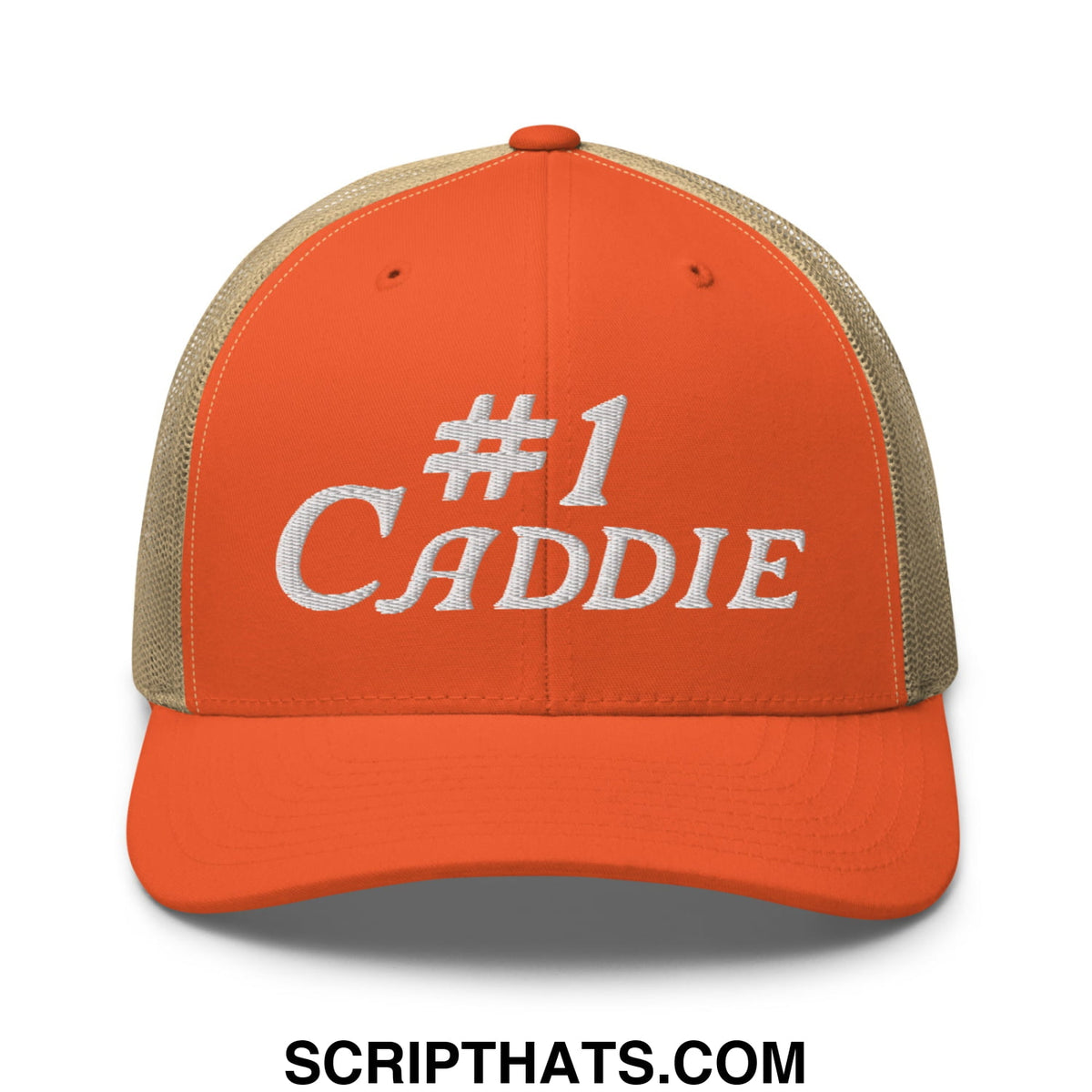 Orange and beige mesh trucker hat with white embroidered number 1 caddie text for golf enthusiasts