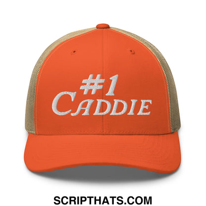 Orange and beige mesh trucker hat with white embroidered number 1 caddie text for golf enthusiasts
