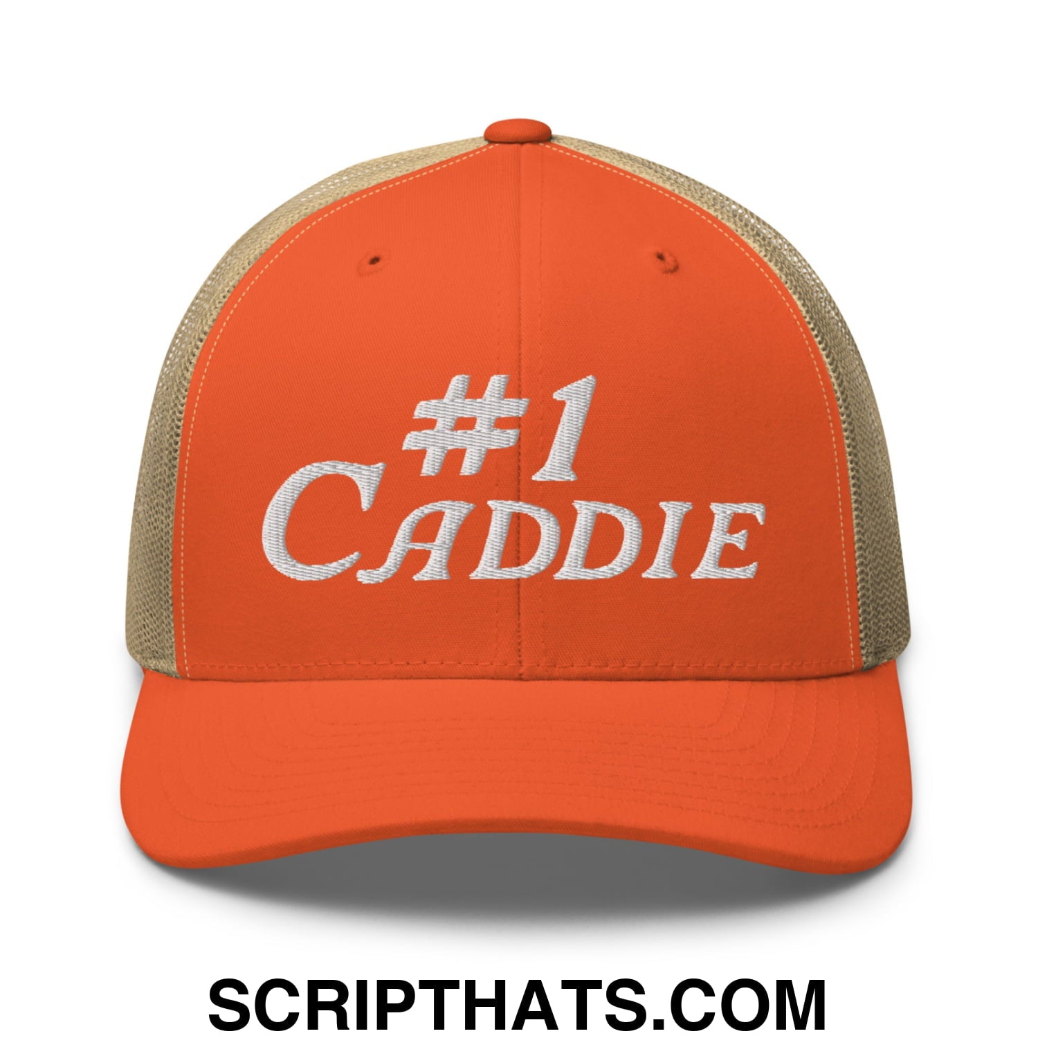 Number 1 Caddie Embroidered Mesh Trucker Hat Rustic Orange Khaki