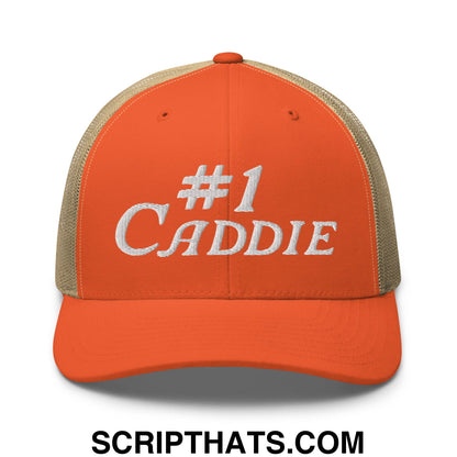 Number 1 Caddie Embroidered Mesh Trucker Hat Rustic Orange Khaki