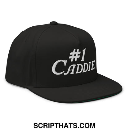 Black snapback cap with white embroidered #1 caddie text in flat brim bill 5 panel golf snapback hat design
