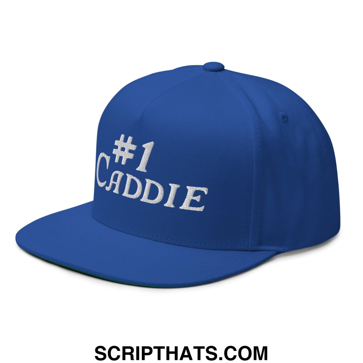 Royal blue flat brim 5 panel golf snapback hat with white embroidered number 1 caddie text