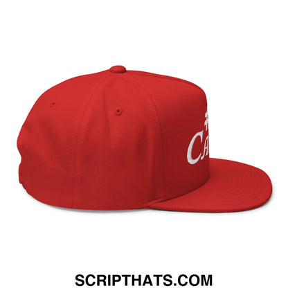 Red snapback cap with white embroidered lettering on the side flat brim bill 5 panel golf snapback hat