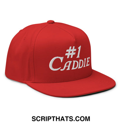 Red snapback cap with white embroidered #1 caddie text flat brim 5 panel golf hat for outdoor use