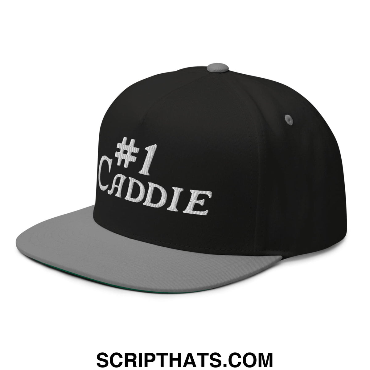 Black and gray snapback golf hat with white embroidered #1 caddie text and flat brim bill in 5 panel design