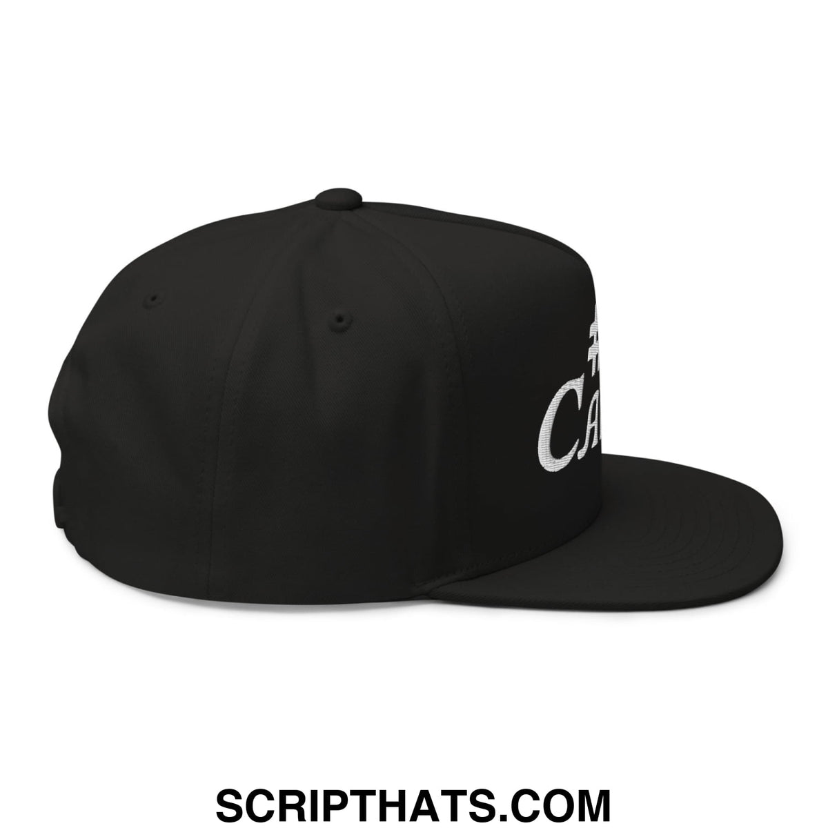 Black number 1 caddie flat brim 5 panel golf snapback hat with white embroidered script lettering on the side