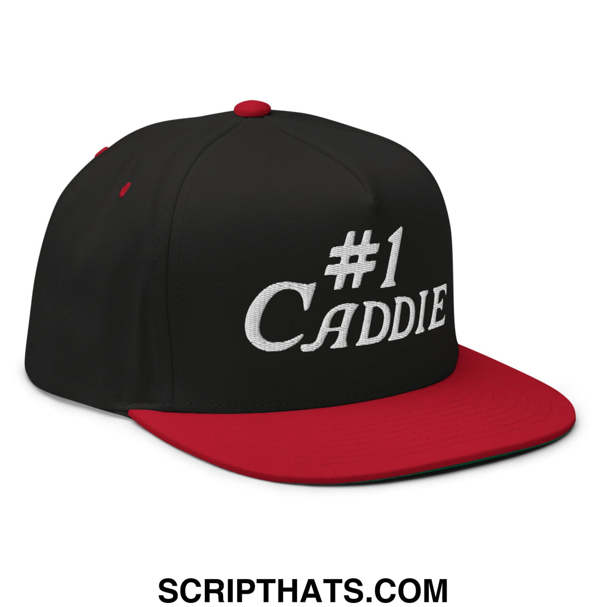 Black and red snapback golf hat with white embroidered #1 caddie text and flat brim bill in 5 panel design