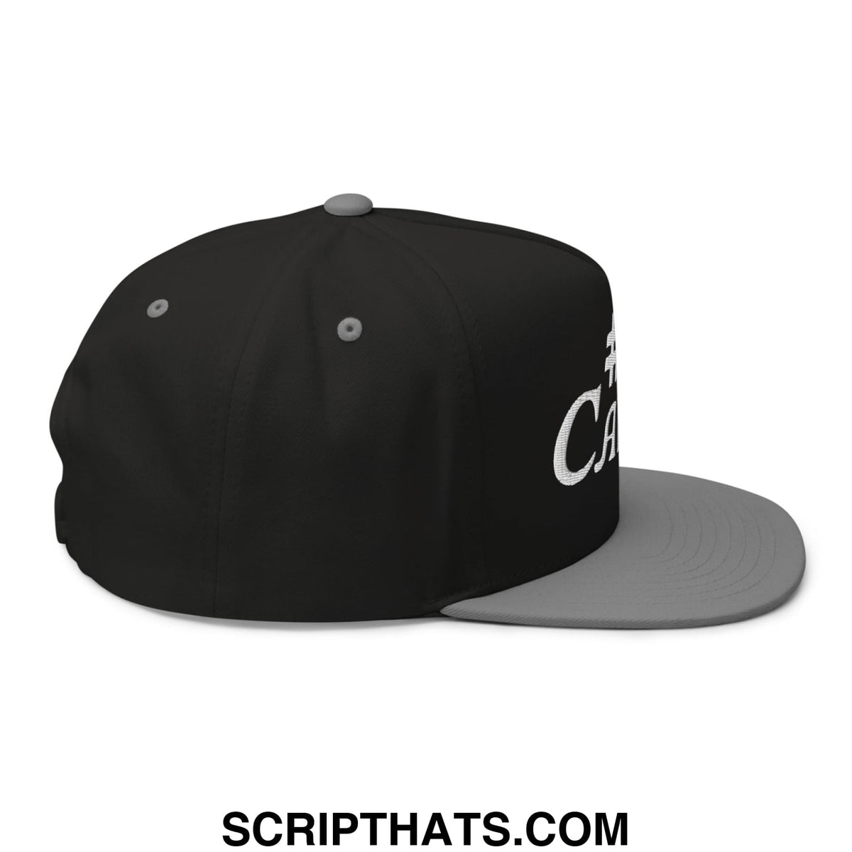 Black Number 1 caddie flat brim 5 panel golf snapback hat with gray brim and white embroidered lettering