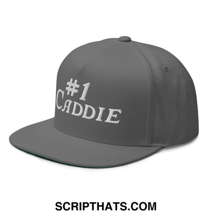 Gray number 1 caddie flat brim 5 panel golf snapback hat with white embroidered text on the front
