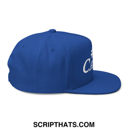 Royal blue 5 panel golf snapback hat with white embroidered script lettering on the side and flat brim bill