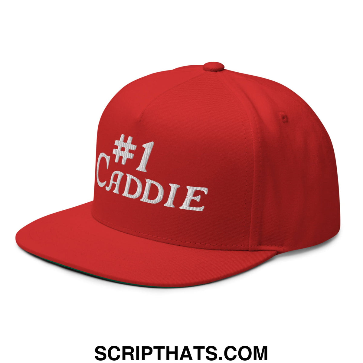 Red snapback cap with white embroidered number 1 caddie text and flat brim bill for golf use