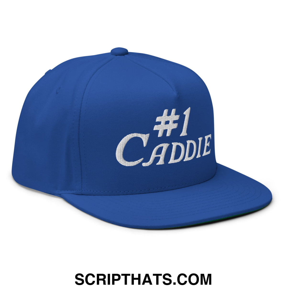 A royal blue number 1 caddie flat brim 5 panel golf snapback hat with white embroidered text on the front
