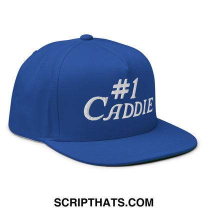 A royal blue number 1 caddie flat brim 5 panel golf snapback hat with white embroidered text on the front