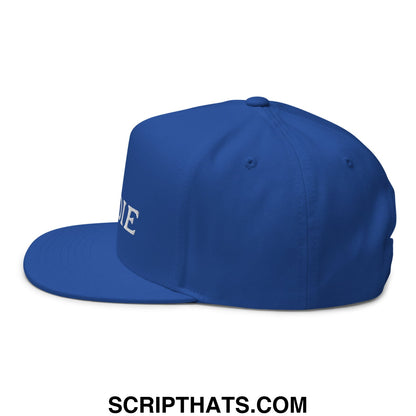 Royal blue 5 panel golf snapback hat with flat brim bill and white embroidered lettering on the side