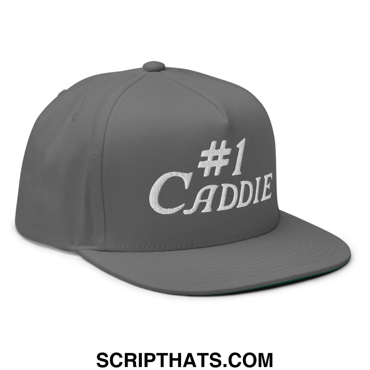 Gray snapback cap with white embroidered number 1 caddie text featuring a flat brim and 5 panel golf design