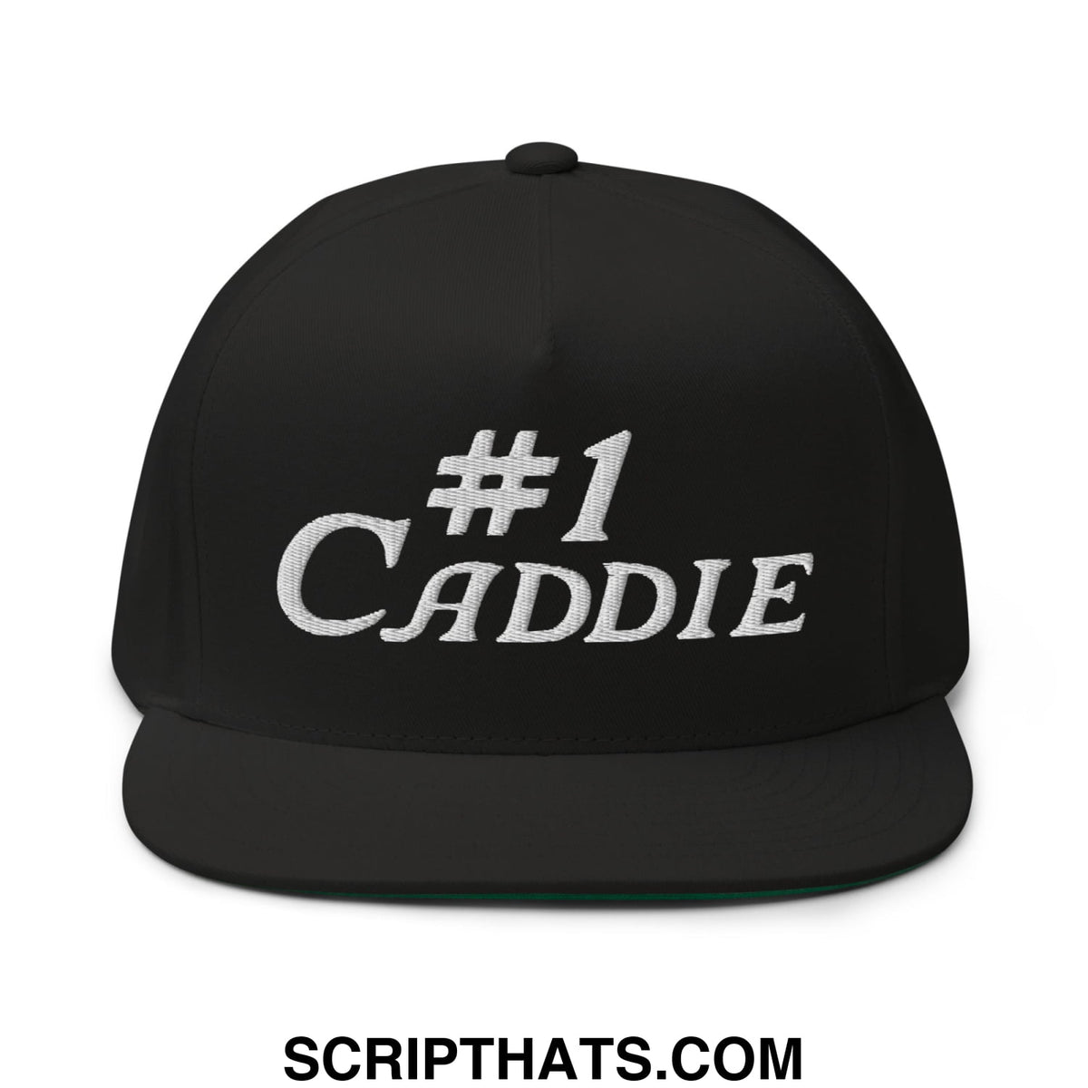 Black number 1 caddie flat brim 5 panel golf snapback hat with white embroidered text on front