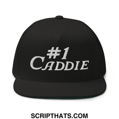Black number 1 caddie flat brim 5 panel golf snapback hat with white embroidered text on front
