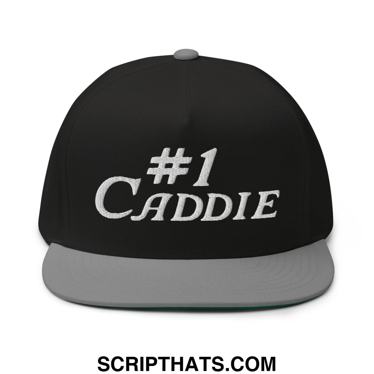 Black snapback golf hat with gray brim and embroidered white hashtag 1 caddie on front panel