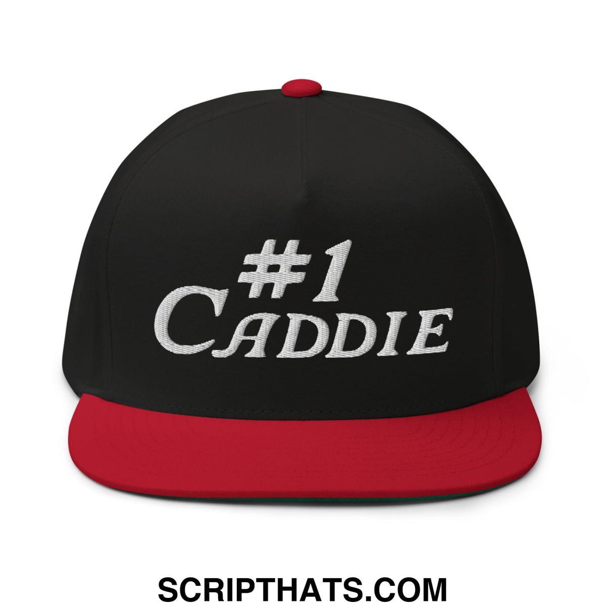 Black number 1 caddie 5 panel golf snapback hat with flat red brim and white embroidered text