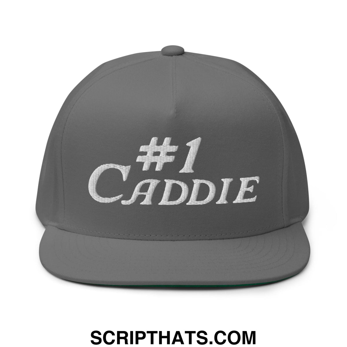 Gray five-panel golf snapback hat with flat brim and white embroidered #1 caddie text for golf use