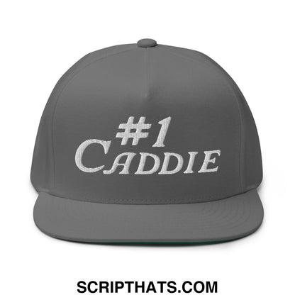 Gray five-panel golf snapback hat with flat brim and white embroidered #1 caddie text for golf use