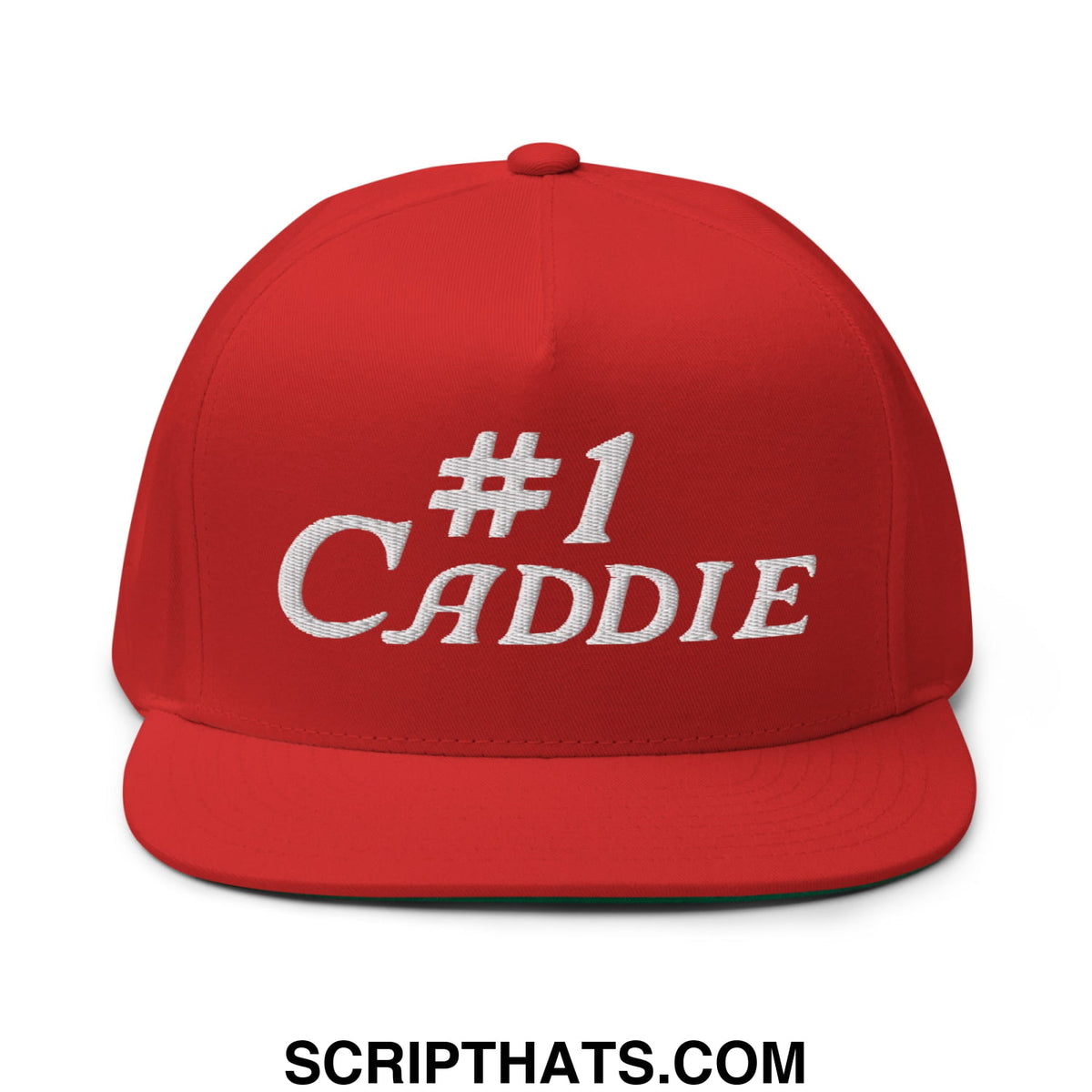 Red snapback cap with white embroidered number 1 caddie text flat brim 5 panel golf hat for outdoor use