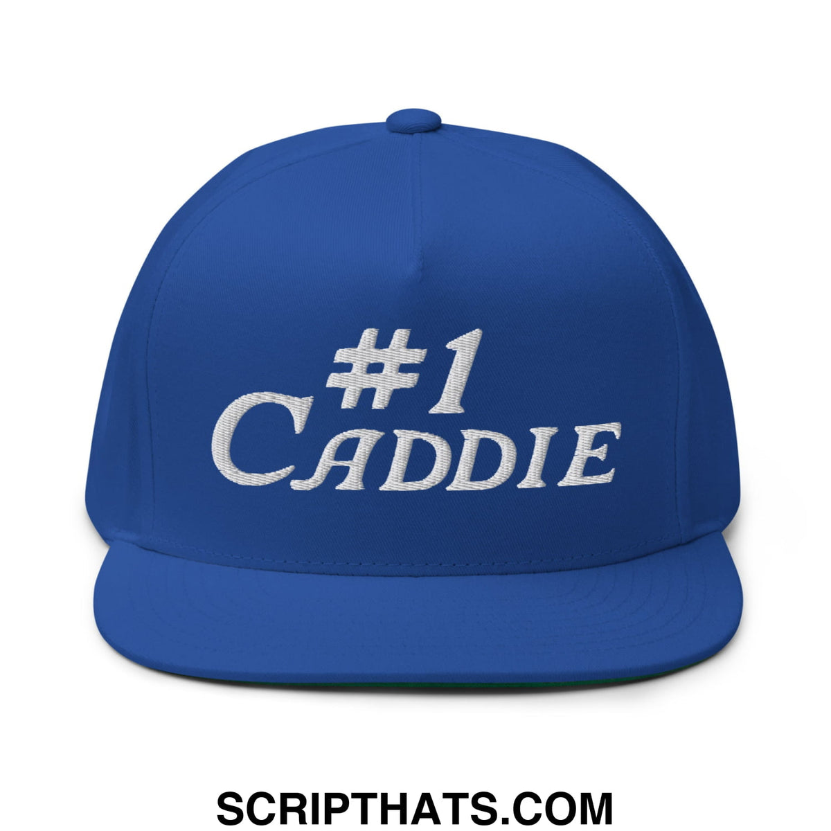 Royal blue 5 panel golf snapback hat with white embroidered #1 caddie text and flat brim bill