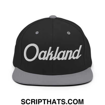 Oakland Script Snapback Hat Black Silver