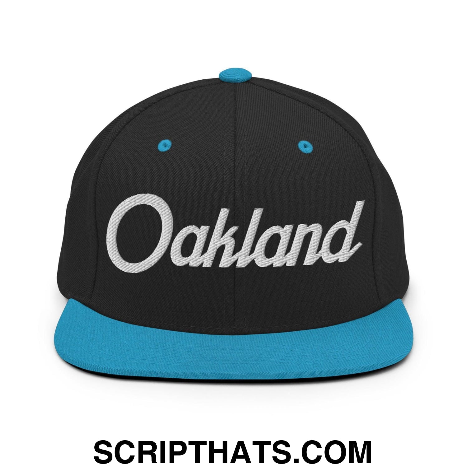 Oakland Script Snapback Hat Black Teal
