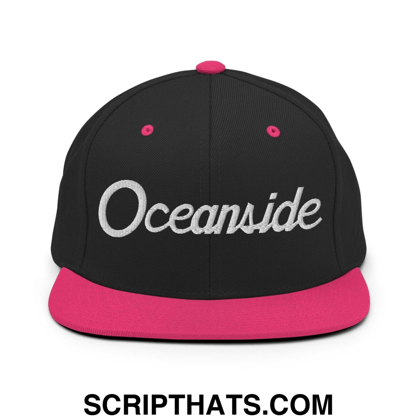 Oceanside Script Snapback Hat Black Neon Pink