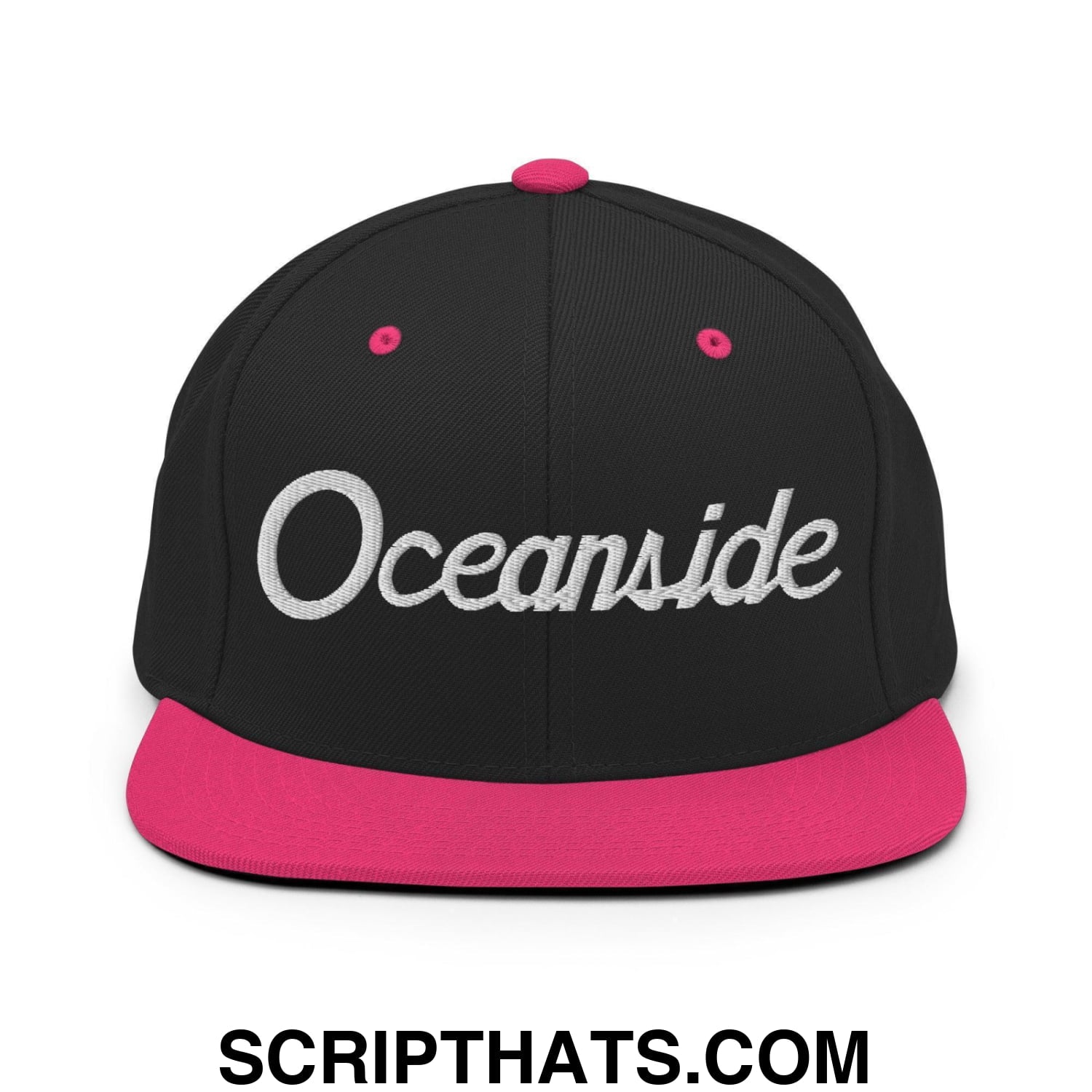 Oceanside Script Snapback Hat Black Neon Pink