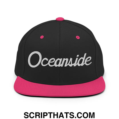 Oceanside Script Snapback Hat Black Neon Pink