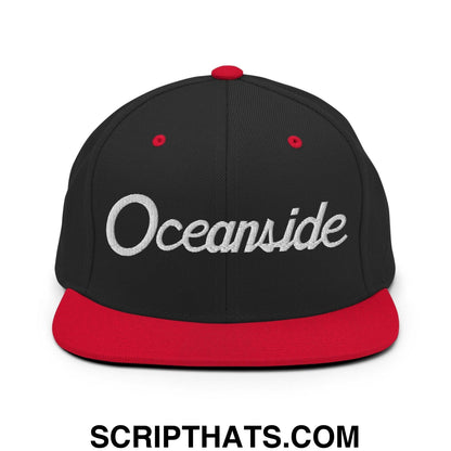 Oceanside Script Snapback Hat Black Red