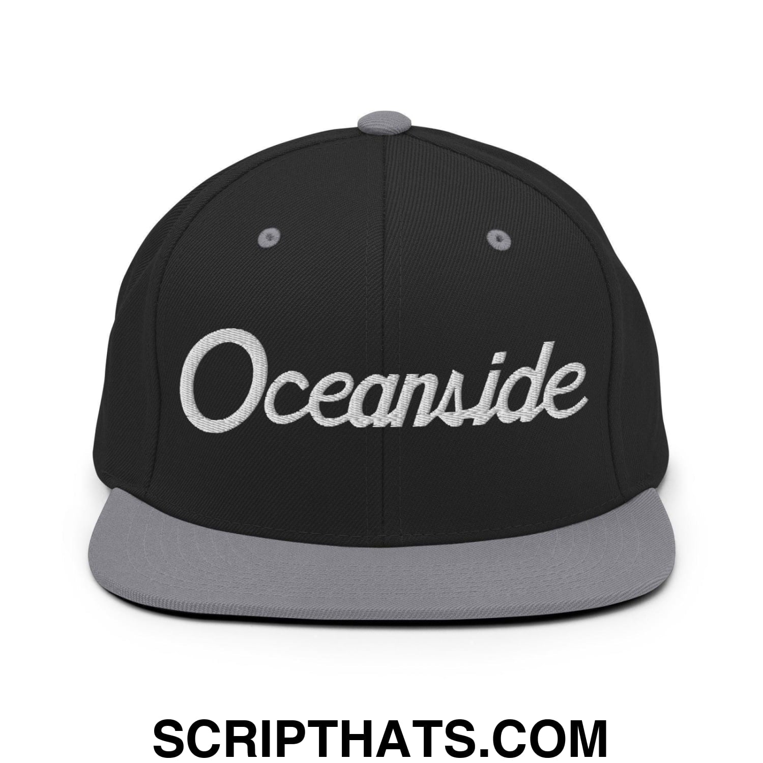Oceanside Script Snapback Hat Black Silver