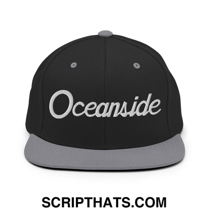 Oceanside Script Snapback Hat Black Silver