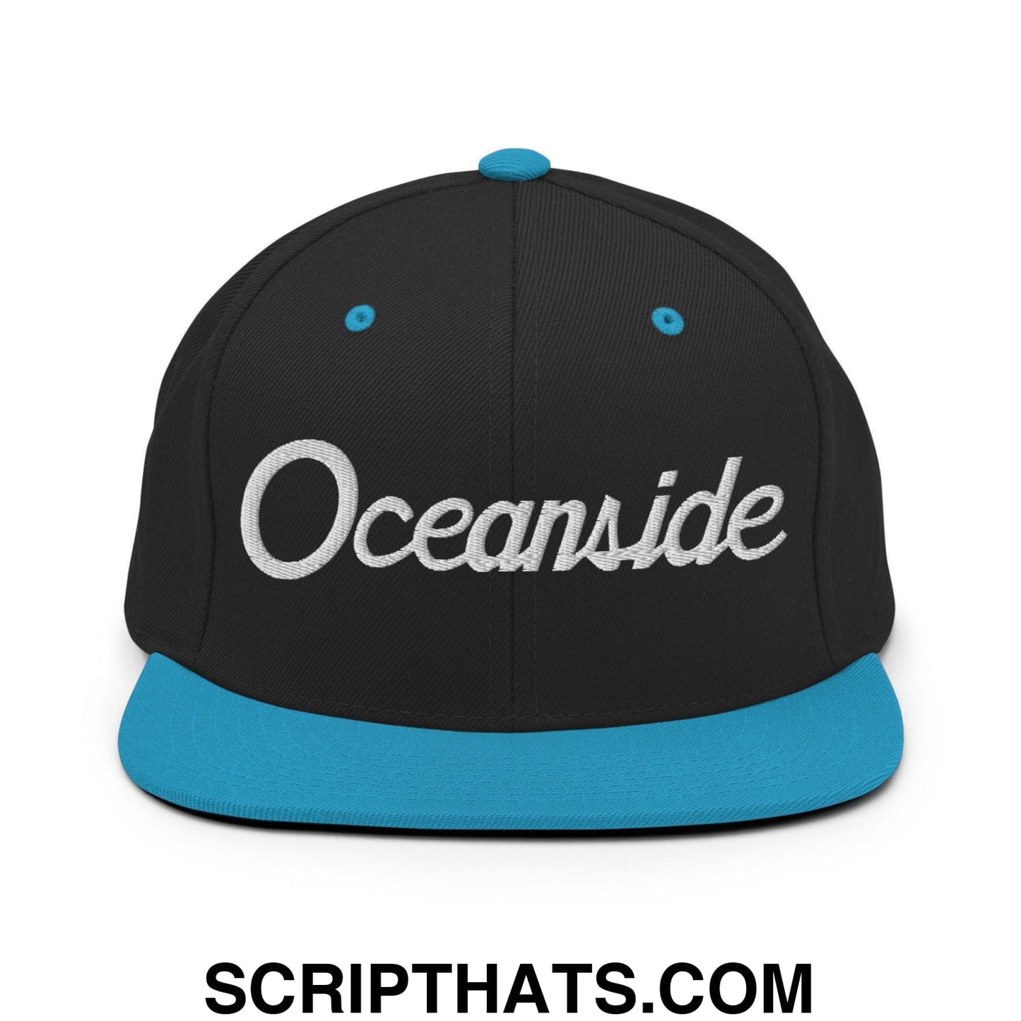 Oceanside Script Snapback Hat Black Teal