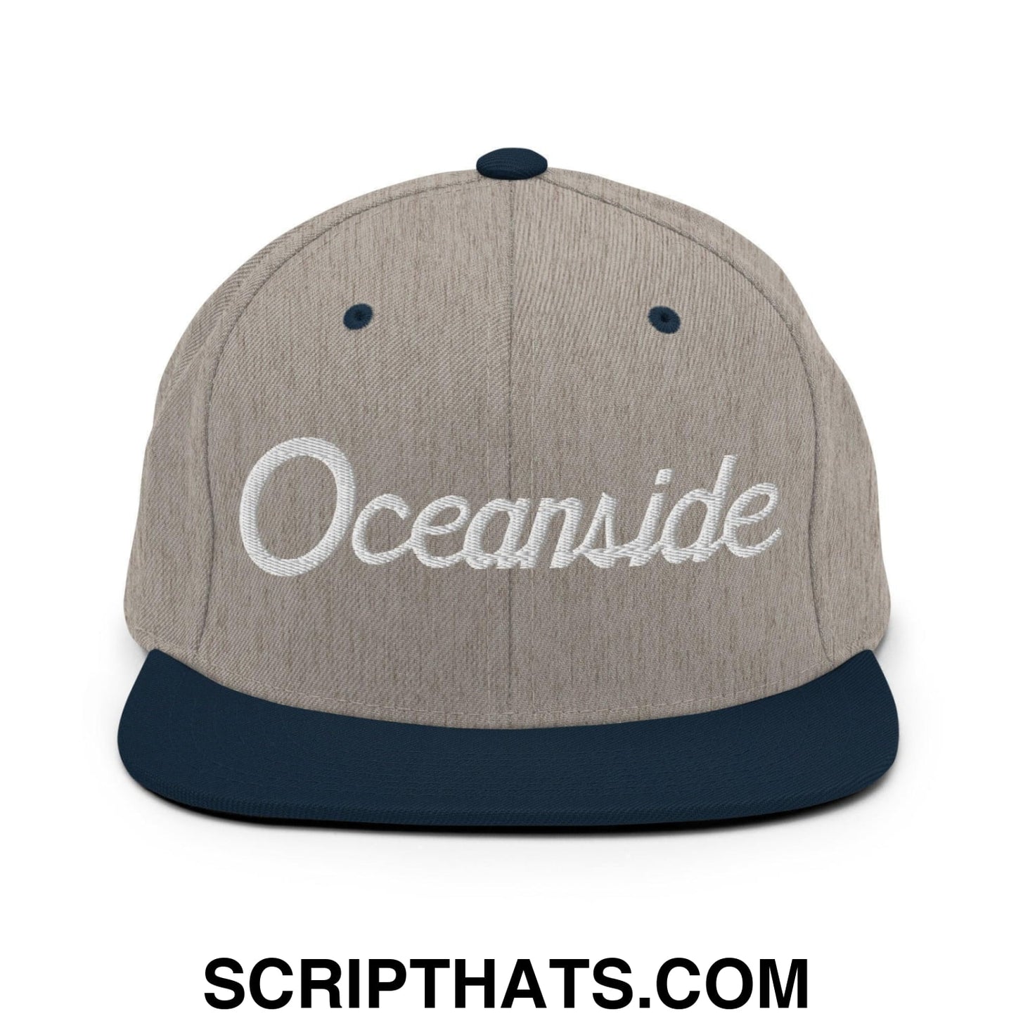Oceanside Script Snapback Hat Heather Grey Navy