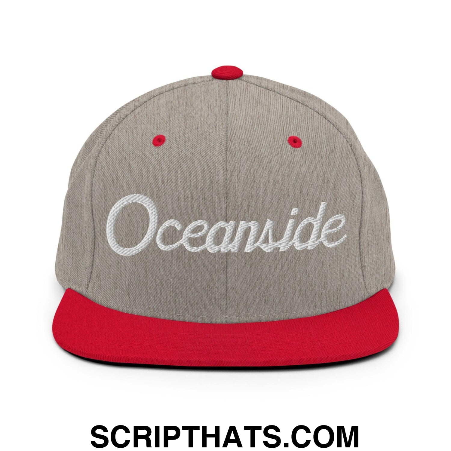 Oceanside Script Snapback Hat Heather Grey Red