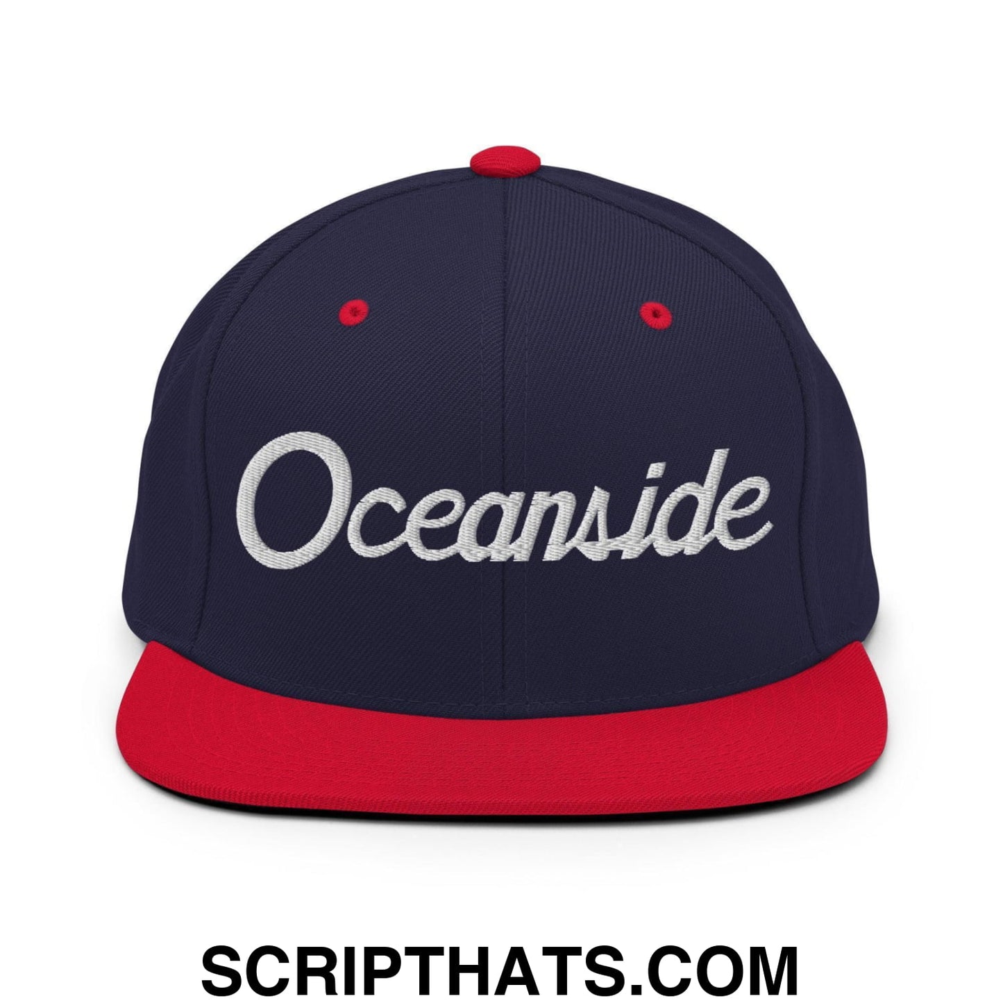 Oceanside Script Snapback Hat Navy Red