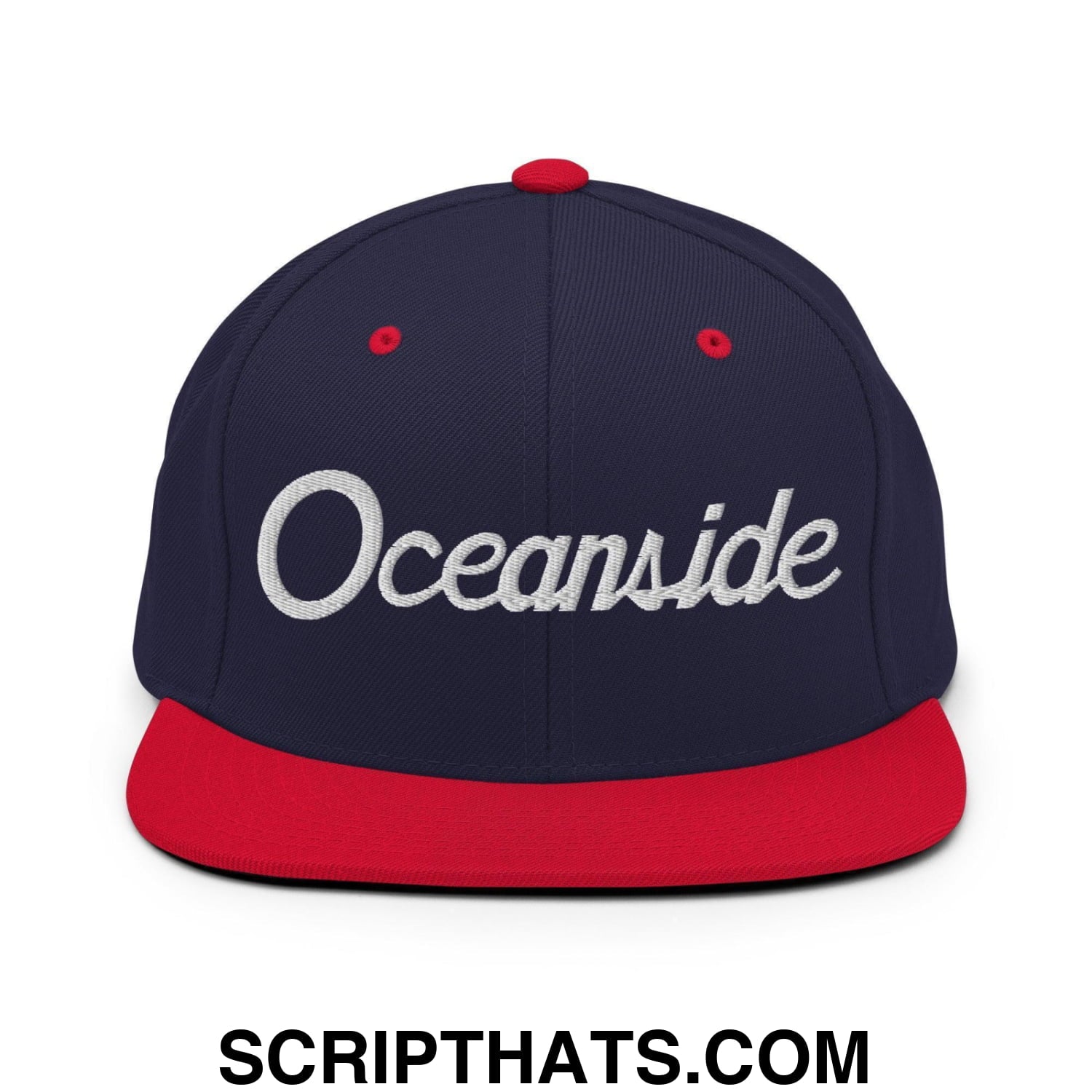 Oceanside Script Snapback Hat Navy Red