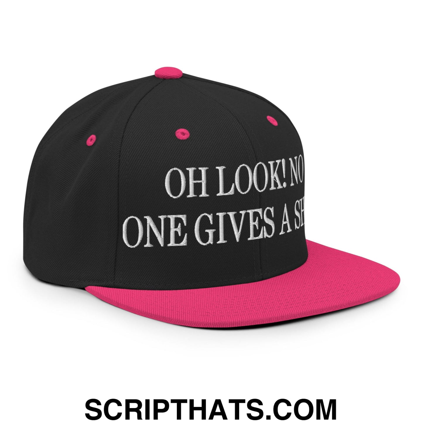 Oh Look! No One Gives A Shit. Embroidered Flat Bill Brim Snapback Hat Black Neon Pink