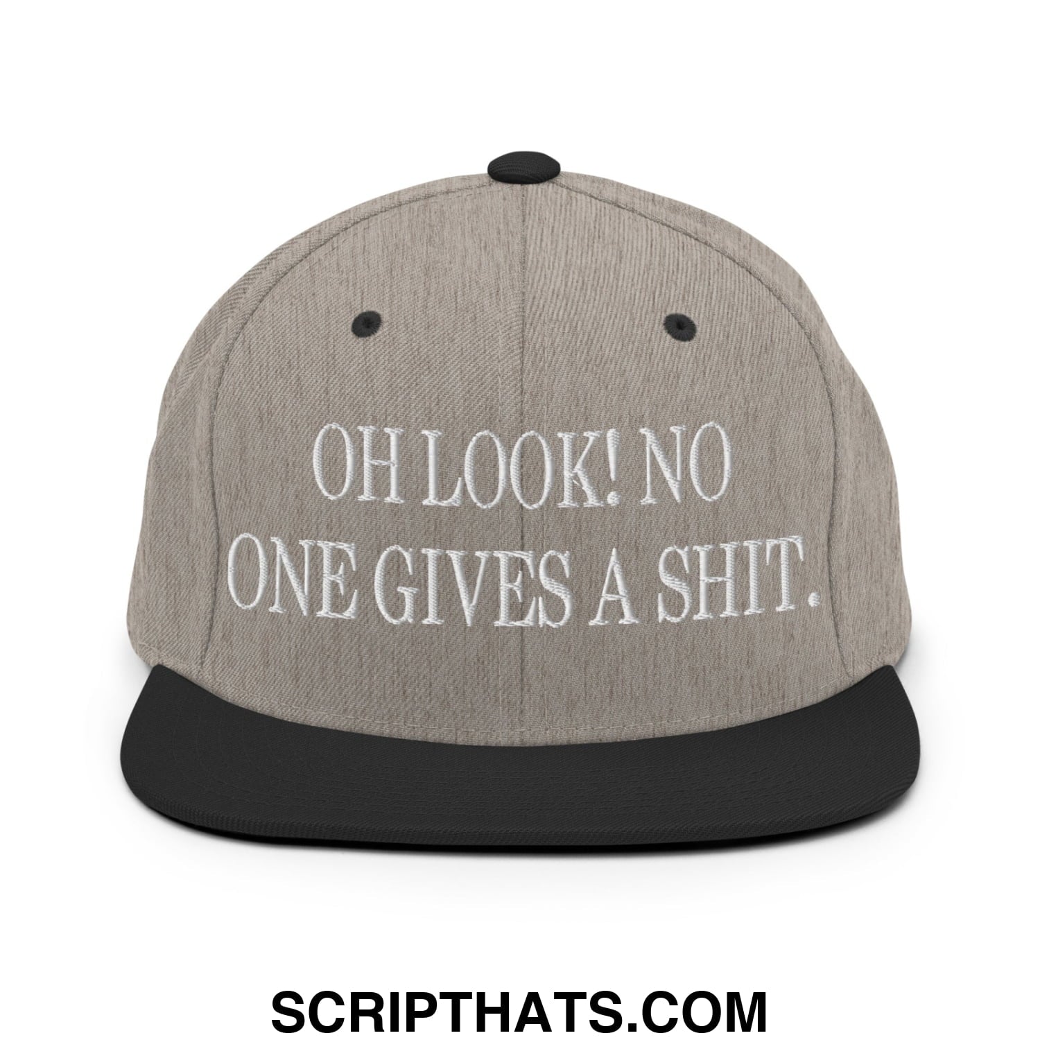 Oh Look! No One Gives A Shit. Embroidered Flat Bill Brim Snapback Hat Heather Black