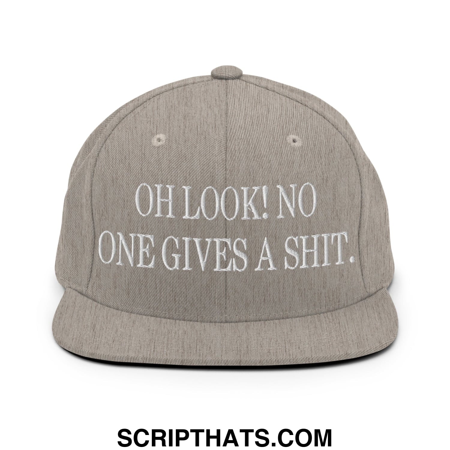 Oh Look! No One Gives A Shit. Embroidered Flat Bill Brim Snapback Hat Heather Grey