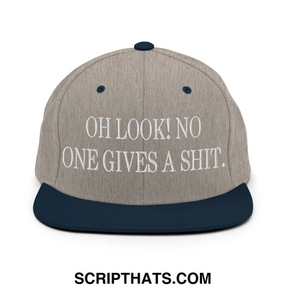 Oh Look! No One Gives A Shit. Embroidered Flat Bill Brim Snapback Hat Heather Grey Navy