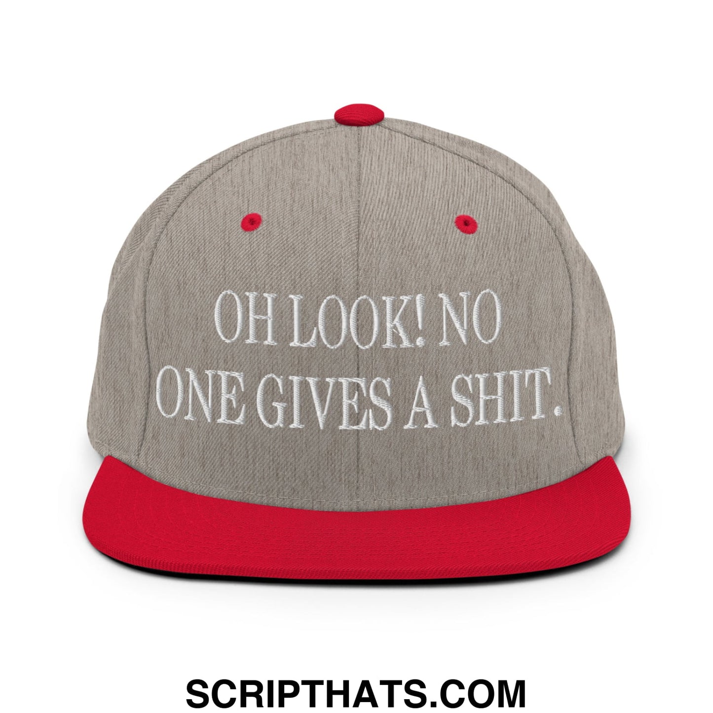 Oh Look! No One Gives A Shit. Embroidered Flat Bill Brim Snapback Hat Heather Grey Red