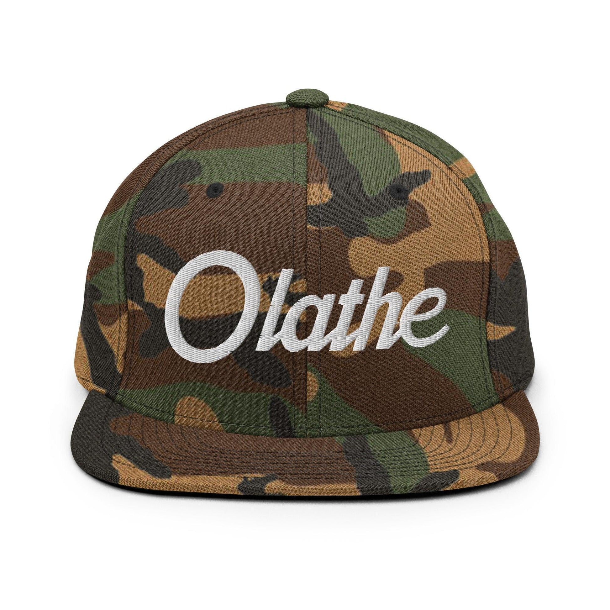 Olathe Script Snapback Hat Green Camo