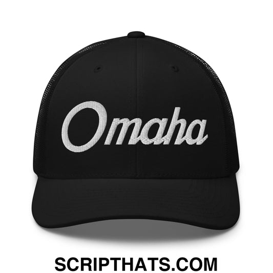 Black mesh trucker hat with white embroidered Omaha vintage sports script across the front panel
