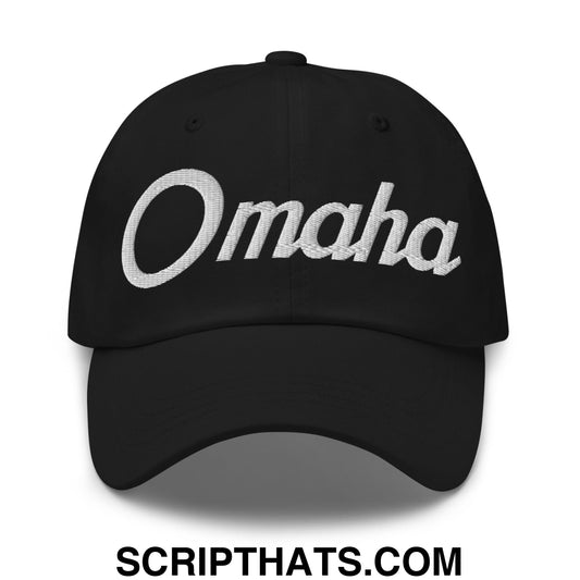 Black unstructured dad hat with white omaha vintage sports script embroidered on front for casual wear