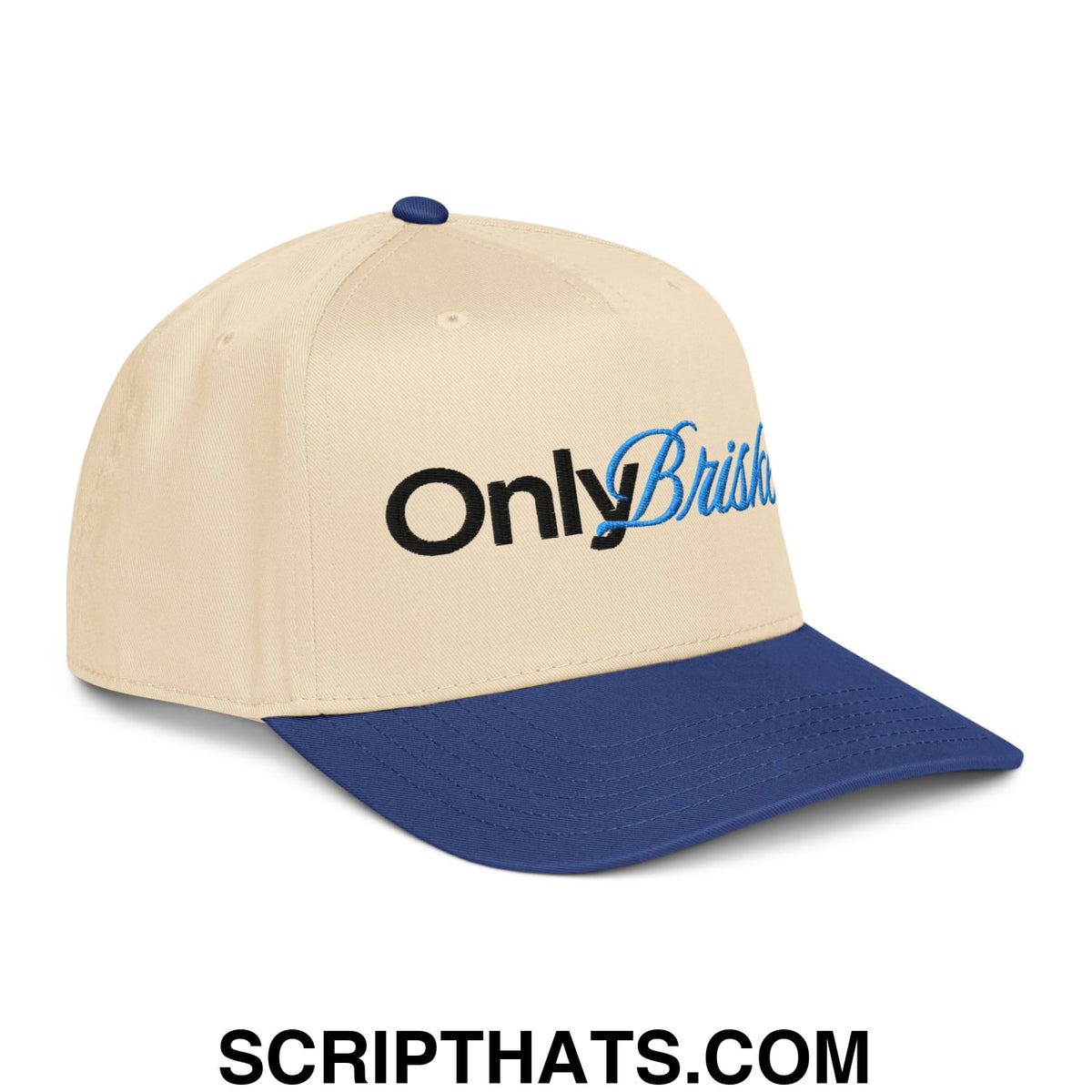 Only brisket embroidered beige and navy blue baseball snapback hat with black and light blue script logo